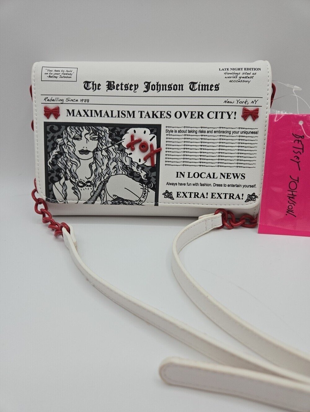 new BETSEY JOHNSON Newspaper Print Crossbody Handbag/Clutch NWT Red Accents